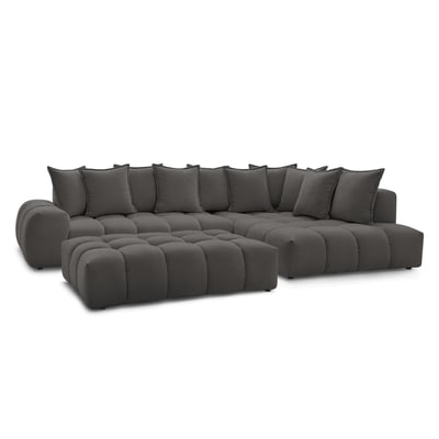 Canapé d'angle fixe 5 places en tissu texturé avec pouf, EVEREST BOBOCHIC