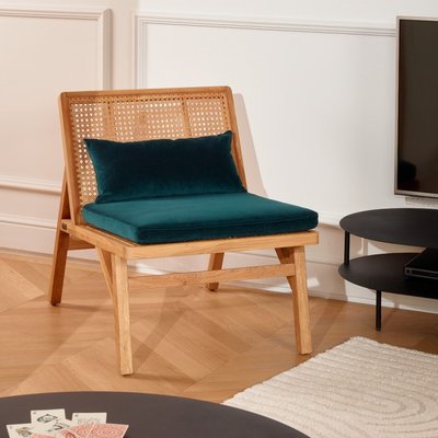 Fauteuil scandinave en chêne, cannage et velours LALALA ROBIN DES BOIS