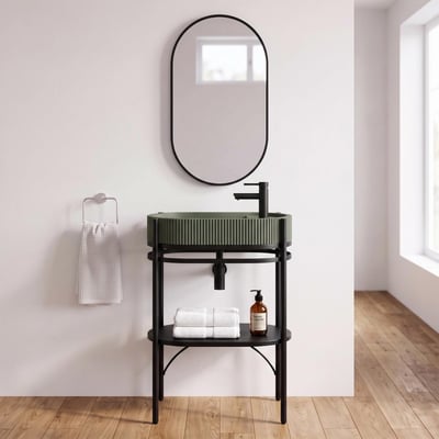 Meuble simple vasque 55cm métal noir, vasque béton, robinet et miroir LUCIA MOB IN