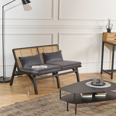 Banquette 2 places en chêne laqué noir, cannage et velours LALALA ROBIN DES BOIS