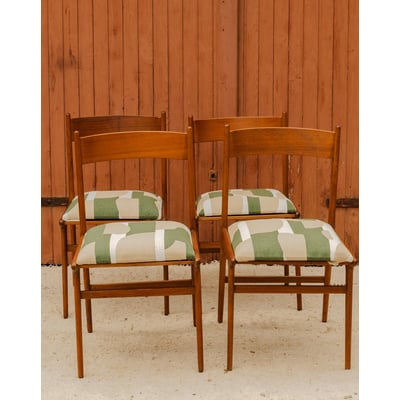Lot de 4 chaises en bois et tissu Alma N°2077 - Bon état DEBONGOUT