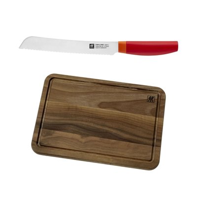 ZWILLING NOW S ROUGE Couteau à pain + Planche à Découper 35 cm x 25 cm Noyer ZWILLING