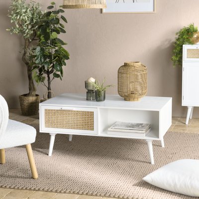 Table de salon bois blanc 2 niches 2 tiroirs rotin CALVIA PIER IMPORT