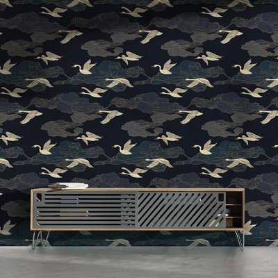 Papier peint oiseaux japonais art déco HEXOA