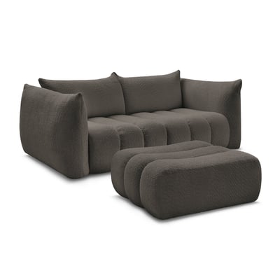 Canapé droit fixe 3 places en tissu bouclette avec pouf, AZRA BOBOCHIC