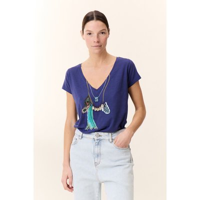 V-Neck Embroidered T-Shirt with Short Sleeves, Tonton Feather LEON & HARPER