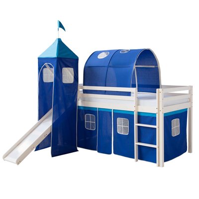 Lit Simple Blanc 90x200 en hauteur avec echelle Rideau Tour Tunnel Bleu et toboggan HOMESTYLE4U