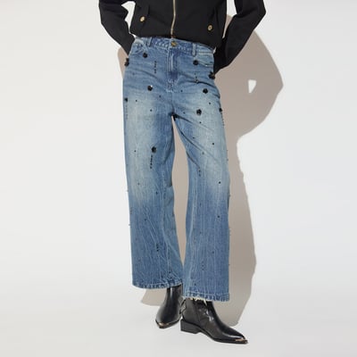 Jeans droit à strass et strass fleuri LOLA CASADEMUNT