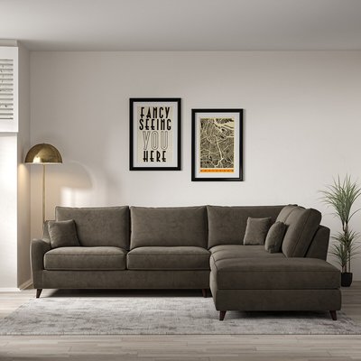 Amelia Velvet Corner Sofa & Modular Footstool Set with Dark Wood Legs (Right Facing) SO'HOME