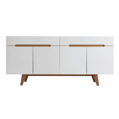 Buffet scandinave blanc brillant et finition bois clair 4 portes 2 tiroirs L180 cm MELKA MILIBOO