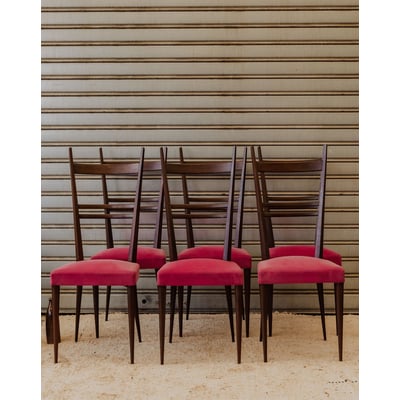 Lot de 6 chaises en bois et tissu rose Alma N°2123 - Bon état DEBONGOUT
