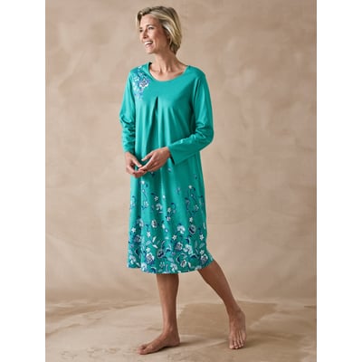 Chemise De Nuit Longue Femme En Coton - Manches Courtes, Broderie, Patte Boutonnée