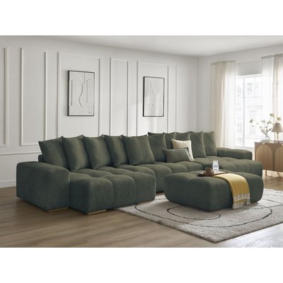 Canapé panoramique convertible 7 places en tissu bouclette avec pouf, ANAKIN BOBOCHIC