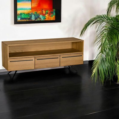 Meuble TV en chêne massif 140 cm 3 tiroirs et 1 niche style contemporain VOLGA PIER IMPORT