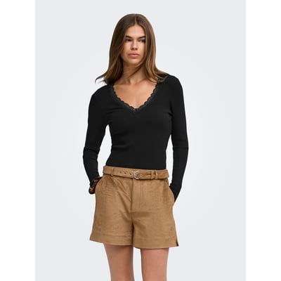 Ribbed Long Sleeve Lace-Trimmed V-Neck T-Shirt ONLY