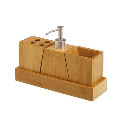 Set Bambou Salle de Bain Distributeur Savon, Porte Brosse à Dents, Gobelet Rangement WADIGA