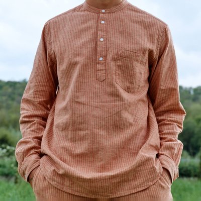 Chemise col vareuse manches longues rayé en mélange lin coton MONOPRIX