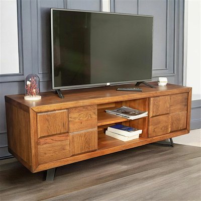 Meuble TV en bois massif 2 portes motif damier OKA PIER IMPORT