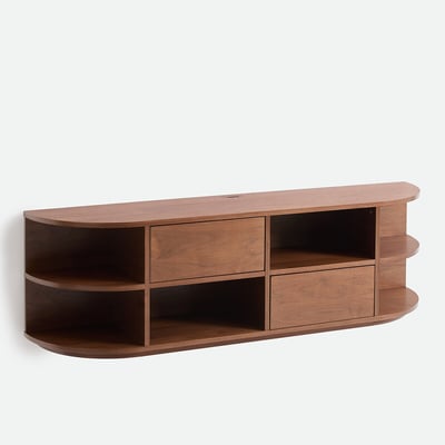 Meuble TV hifi suspendu en plaqué noyer, 2 portes, 6 niches, L160 cm, MADDY LA REDOUTE INTERIEURS