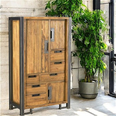 Vaisselier buffet haut industriel en bois de teck et métal 3 portes 6 tiroirs 90x148cm CANADA PIER IMPORT