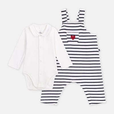 Set composto da salopette a righe e body in felpa, con motivo a cuori PETIT BATEAU