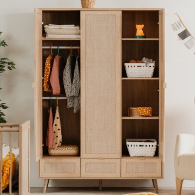 Armoire 3 portes 3 tiroirs impression cannage TERRE DE NUIT