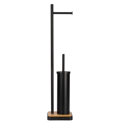 Dérouleur papier toilette sur pied + brosse WC  métal noir et bois WADIGA