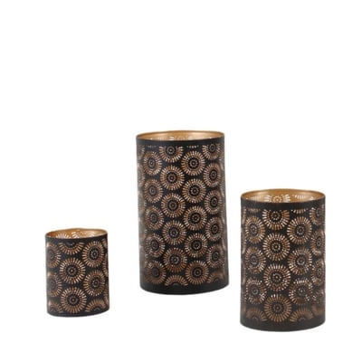 Set de 3 lanternes découpe ajourée fleurs noir & or ORNAMI