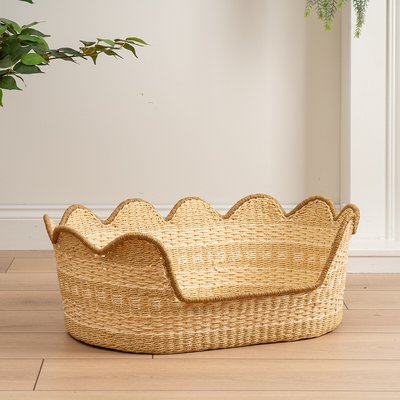 Natural and Cream Scallop Edge Woven Pet Bed with Cushion Small SO'HOME