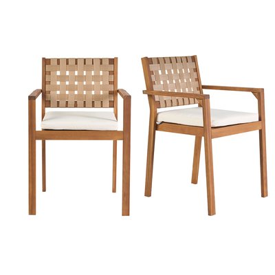 Fauteuils de jardin empilables en bois massif avec coussin blanc et sangles beiges (lot de 2) SANTANA MILIBOO