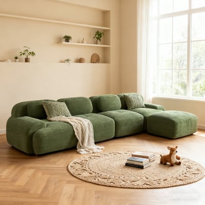 Canapé droit 4 places avec pouf en velours côtelé design moderne, SNOW MEUBLES COSY