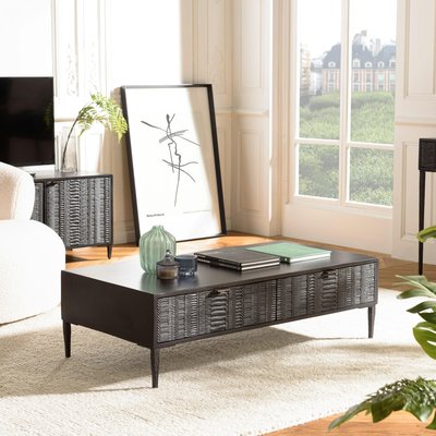 Table basse 2 tiroirs façades sculptées bois noir SURATE PIER IMPORT