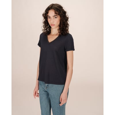 T-shirt col v en dentelle marine Space GRACE & MILA
