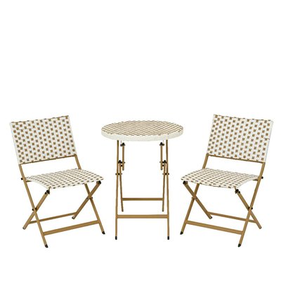 Salon de jardin table ronde + 2 chaises résine blanche tressée motifs beiges BISTROT PIER IMPORT