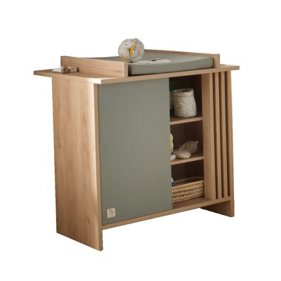 Commode avec plan à langer 1 porte colorée et 3 niches avec claustra en bois décor chêne Suave SAUTHON