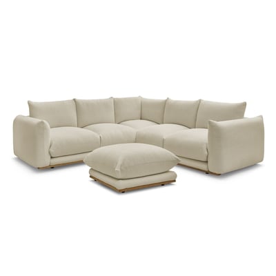 Canapé d'angle fixe 4 places en tissu bouclette avec pouf, ERNEST BOBOCHIC