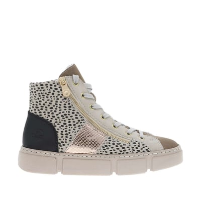 Bottines léopard et beige à talon plat et à lacets avec zip latéral doré RIEKER