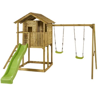 Aire de jeux en bois avec cabane sur pilotis WAPITI – Balançoires, toboggan, cabane avec balcon KANGUI