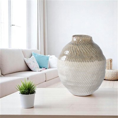 Vase rond vert et blanc, effet vannerie PIER IMPORT