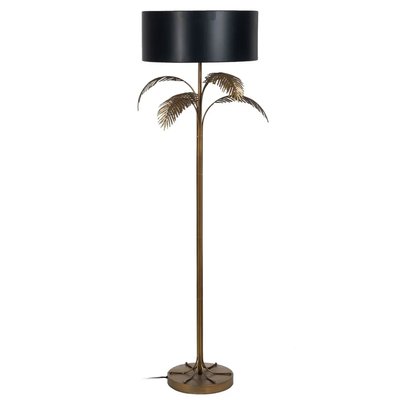 Lampadaire palmier en métal doré et abat-jour tissu noir 50x50x168cm WADIGA