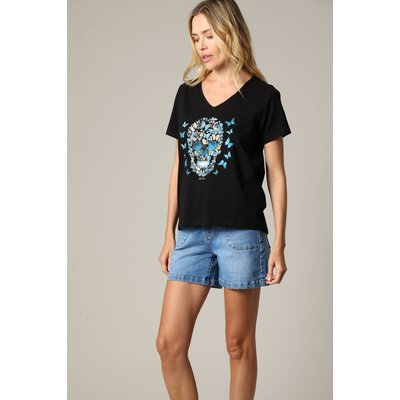 T-shirt femme 100% coton à manches courtes et col v avec motif imprimé glitter BUTTERSKULL DEELUXE