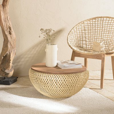 Table basse coffre ronde rotin beige et teck recyclé 66 cm SWING PIER IMPORT