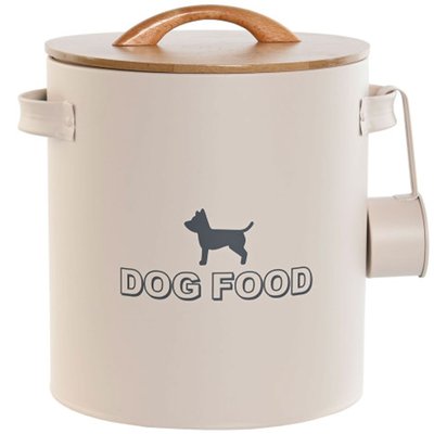 Boîte à croquettes chien en métal beige et bambou 21x21x23cm WADIGA