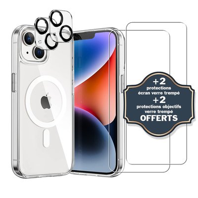 Coque Anti-choc compatible Magsafe pour Iphone 14 Plus Transparente + 2 protections écran et 2 protections objectif caméra EVETANE