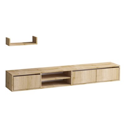Meuble suspendu TV 3 portes 2 niches décor chêne saphir L180 cm - HEKA CALICOSY
