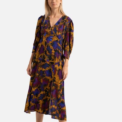 Vestido comprido estampado, com racha e mangas de 3/4 SEE U SOON