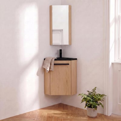 Ensemble lave-mains angle suspendu avec robinet et armoire d'angle décor chêne MOB IN
