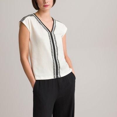 T-shirt brodé, col V, manches courtes ANNE WEYBURN