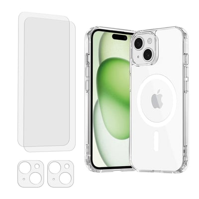 Coque Anti-choc compatible Magsafe pour iPhone 15 Plus Transparente + 2 protections écran et 2 protections objectif caméra EVETANE