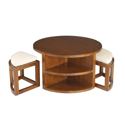 Table basse ronde bois exotique naturel 90cm - inclus 2 tabourets avec coussins LOLA PIER IMPORT